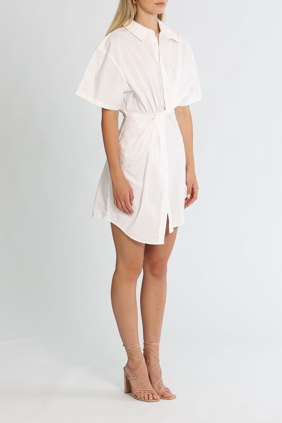 T by Alexander Wang Twisted Placket Short Sleeve Button Down Dress Bright White Mini