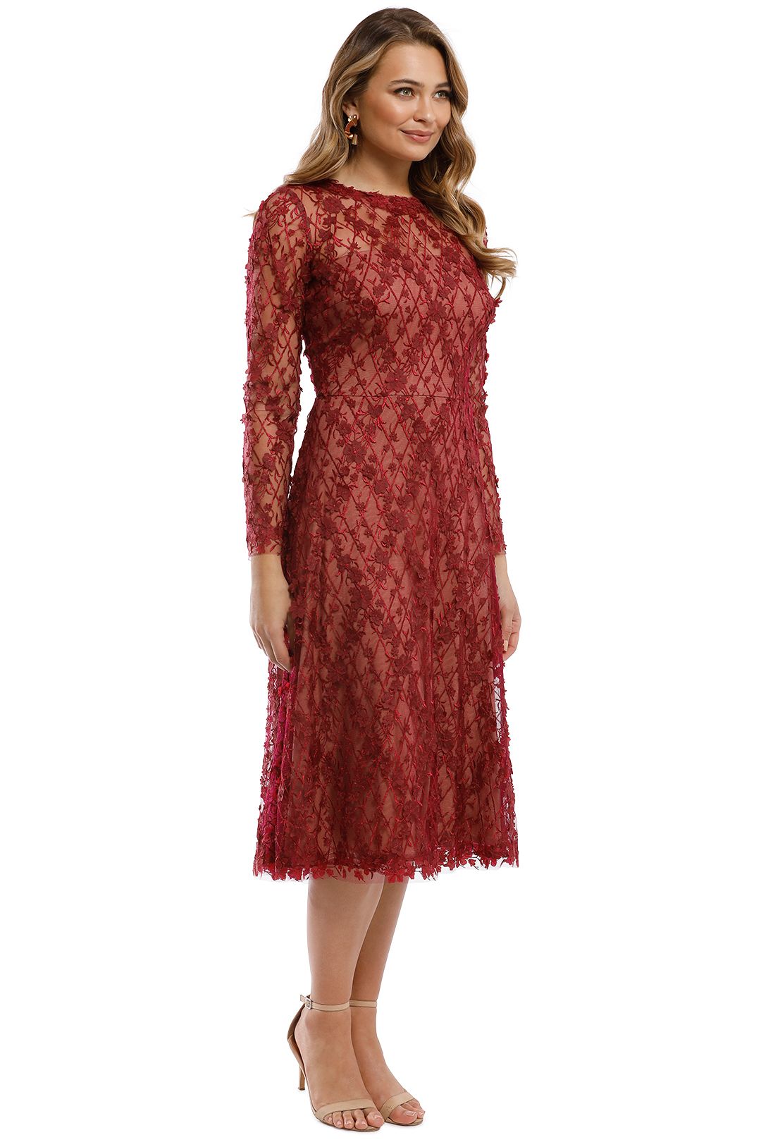 Tadashi Shoji - Binx Embroidery Tea-Length Dress - Roseberry - Side