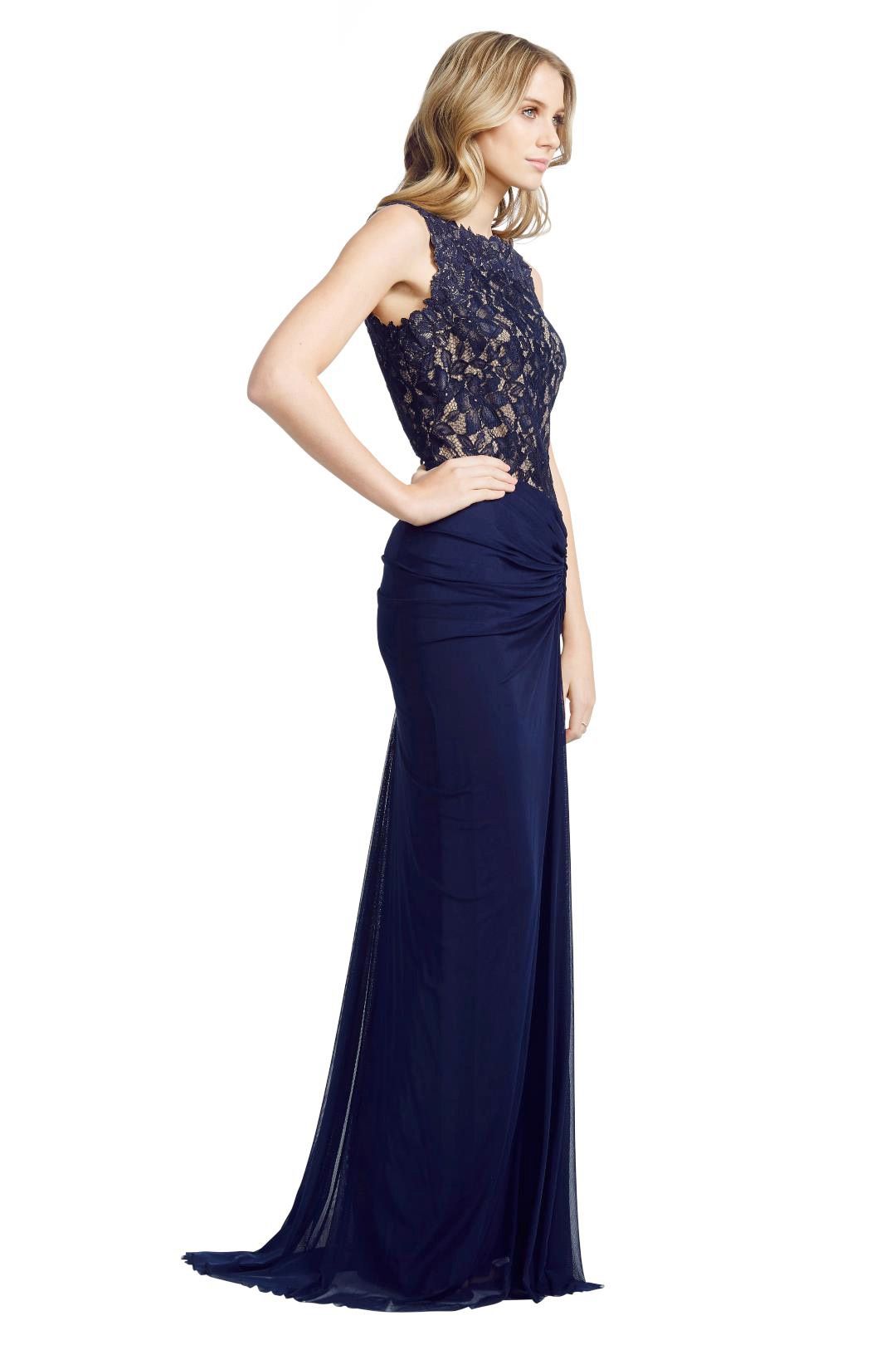 Navy Draped Tulle Gown by Tadashi Shoji for Rent