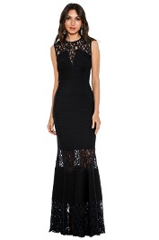 Tadashi Shoji - Pintuck Neoprene and Lace Illusion Gown - Navy - Front