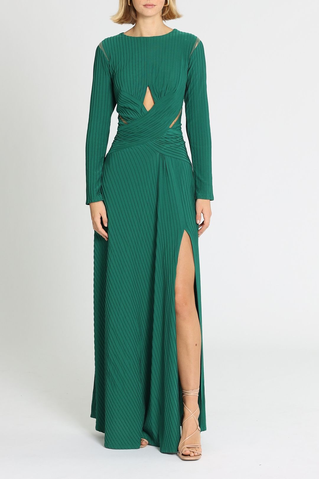 Bollani Pintuck Cutout Gown in Forest by Tadashi Shoji for Rent