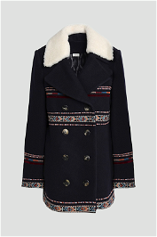 Talitha Boho Style Double Breasted Winter Coat in Navy