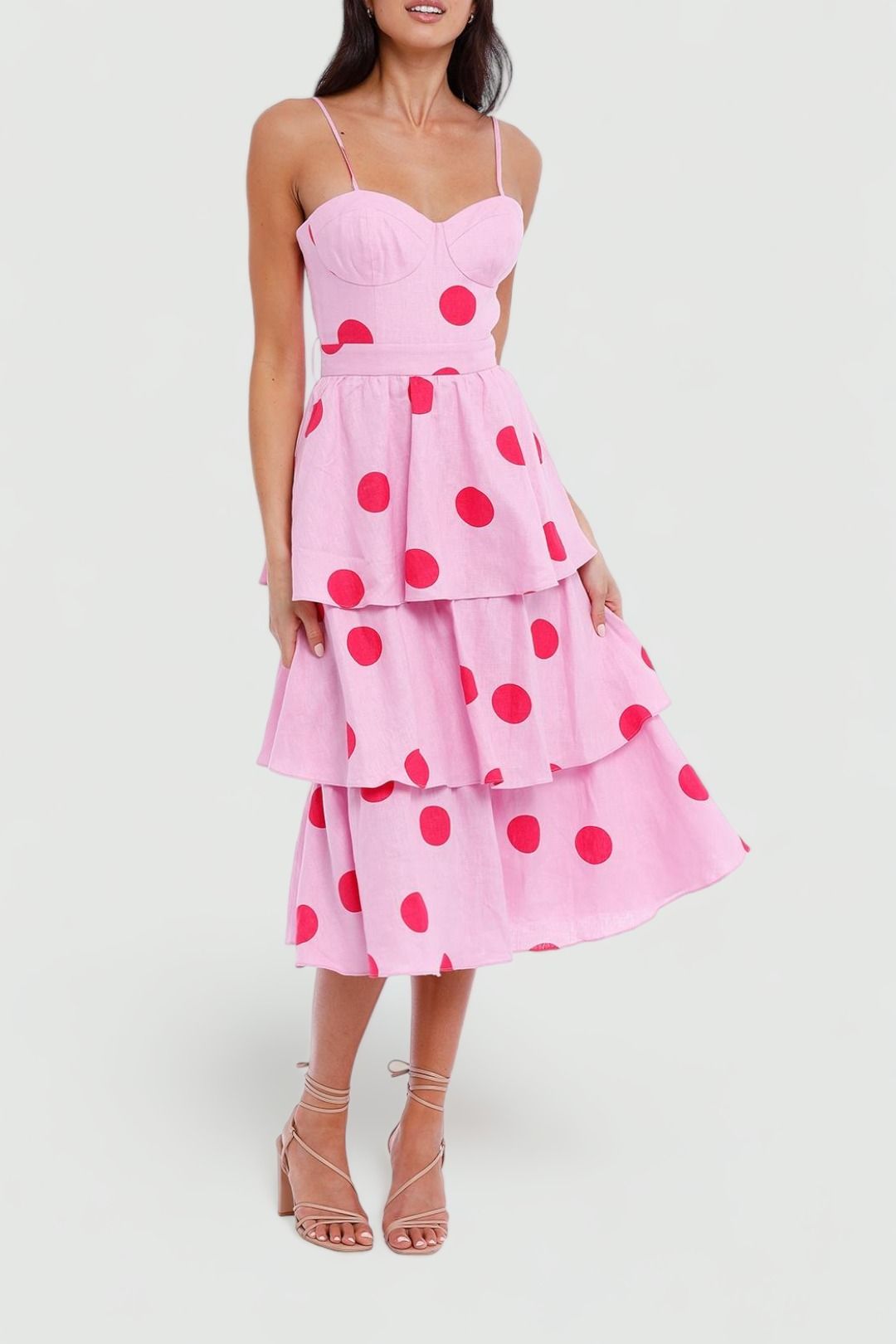 Rebecca Vallance Dalia Midi Dress Pink Polka Dot fit flare