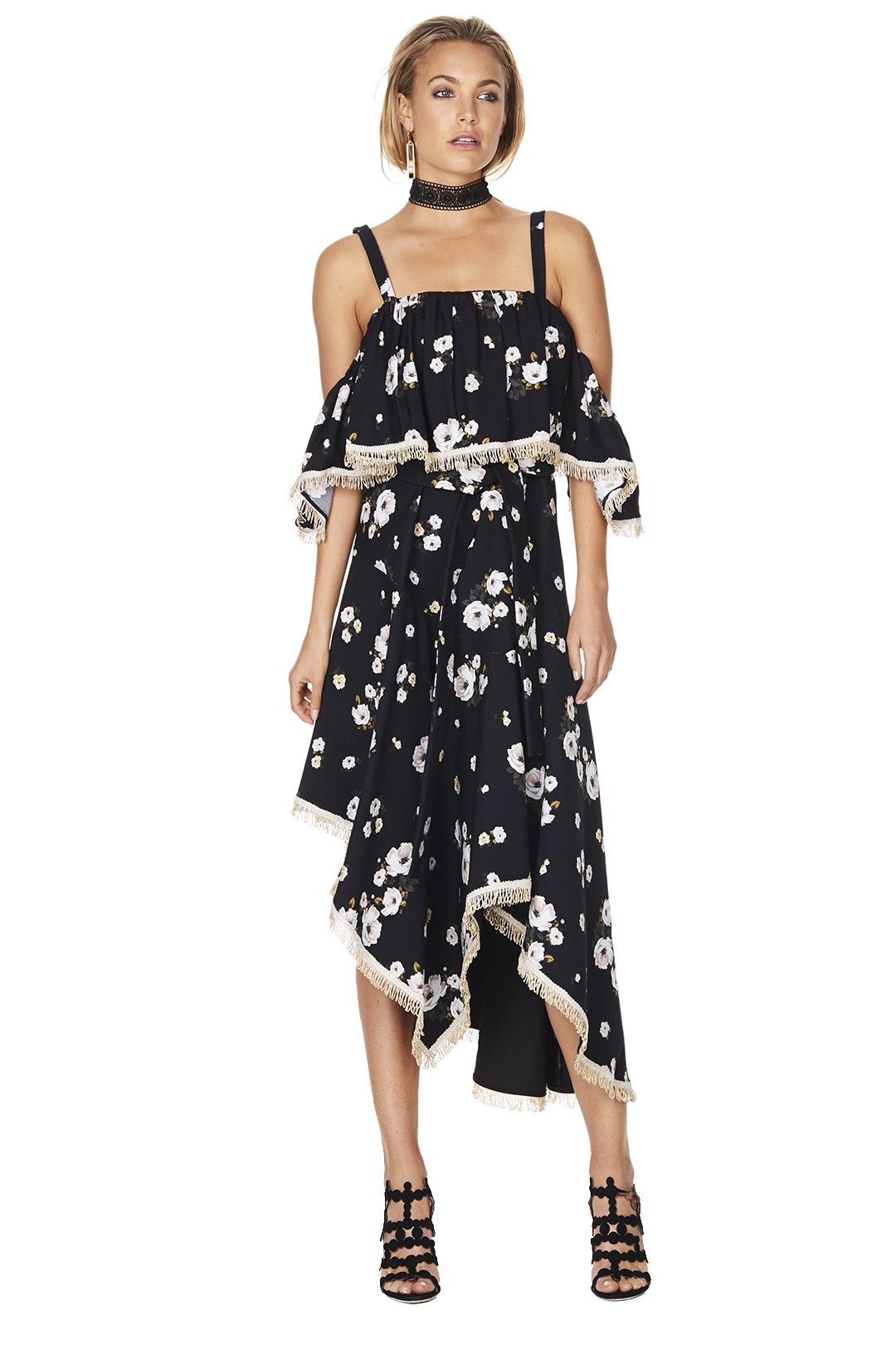 Asymmetric hem retro flower print off the shoulder dress shop