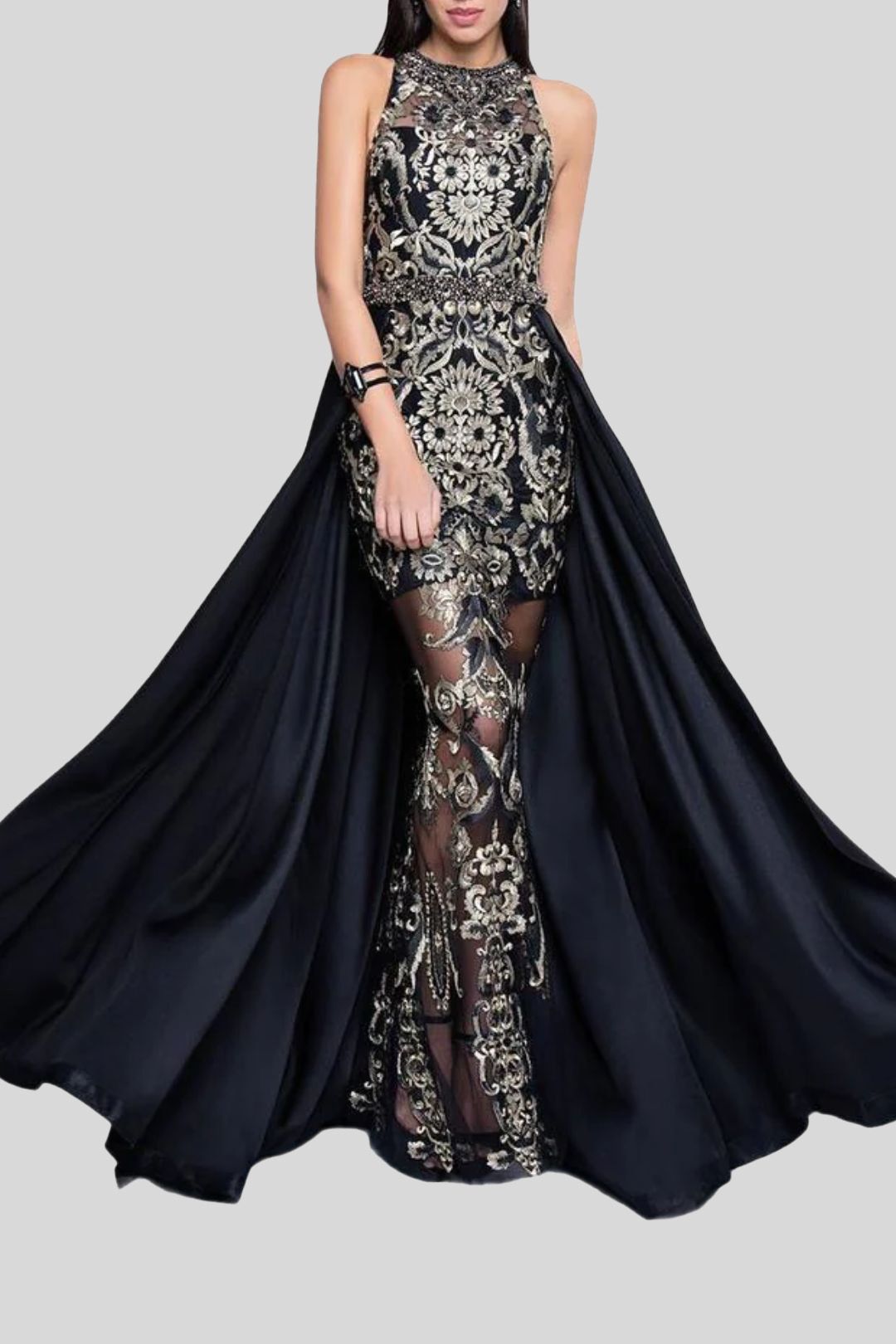 Buy Sleeveless Bateau Neck Evening Gown in Black and Gold Terani