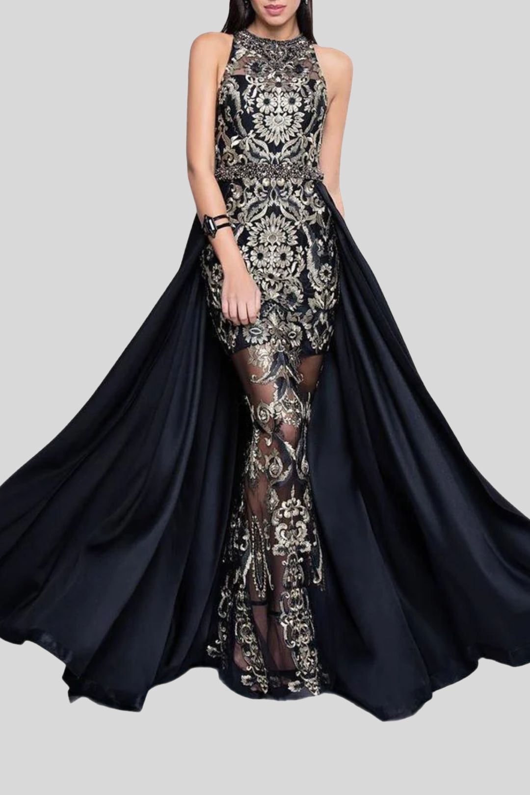 Terani Sleeveless Bateau Neck Evening Gown in Black and Gold