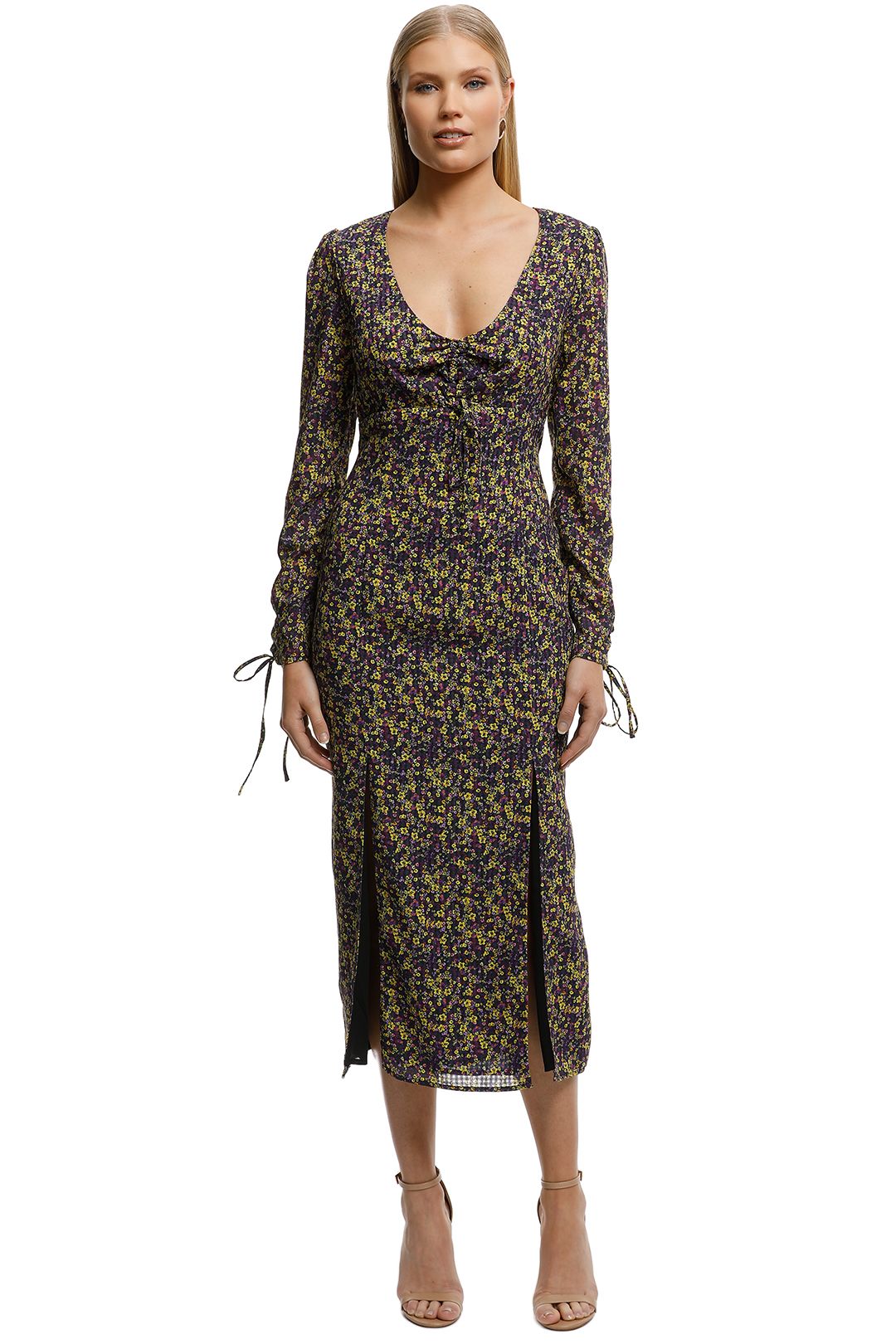 The East Order-Mags LS Midi Dress-Yellow Floral-Front
