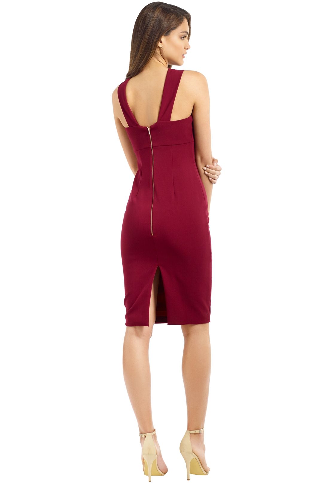 Unspoken - knot Knee Length Dress - Burgundy - Back