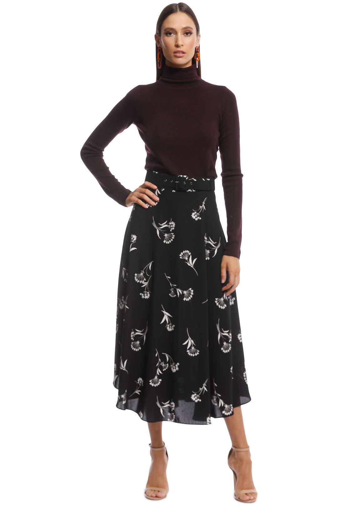 Veronika Maine - Fan Flowers Belted Skirt - Black Floral - Front