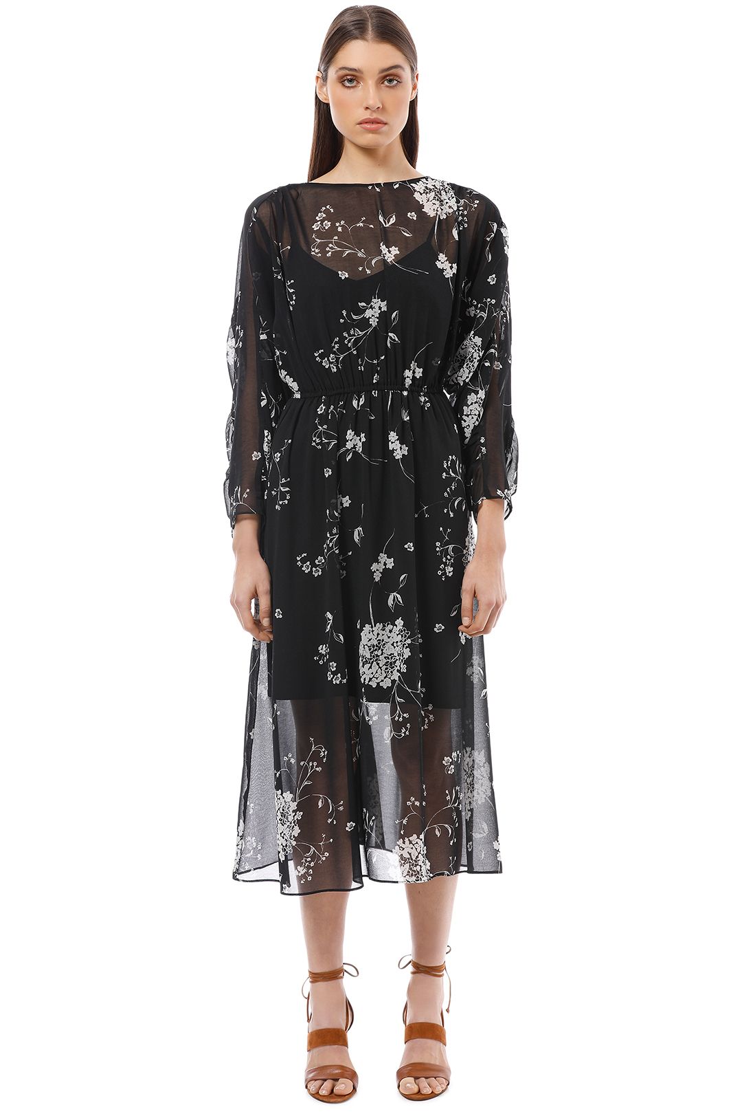 Veronika Maine - Monotone Floral Gathered Midi Dress - Black - Front