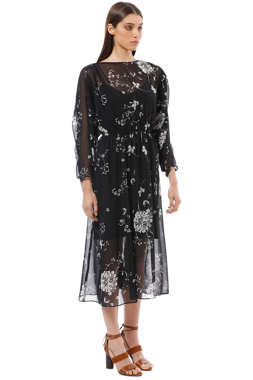 Veronika Maine - Monotone Floral Gathered Midi Dress - Black - Side
