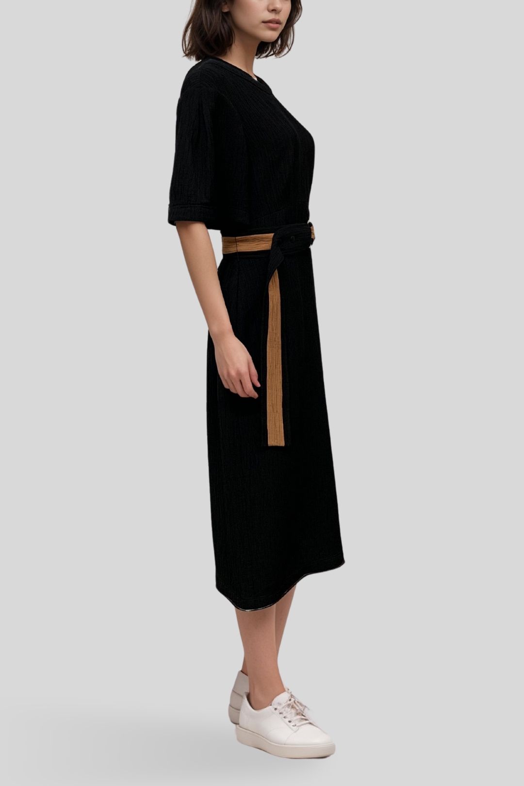 Veronika Maine Belted Black Dress
