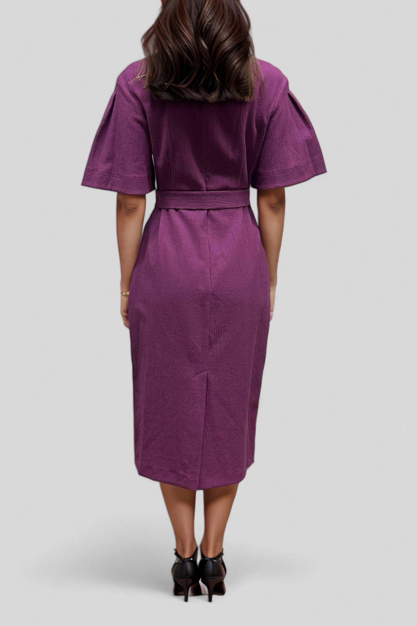 Veronika Maine - Crinkle Cotton Belted Midi Dress in Plum
