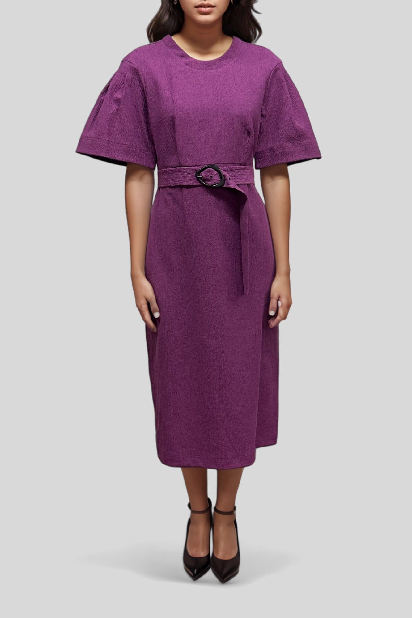Veronika Maine - Crinkle Cotton Belted Midi Dress in Plum