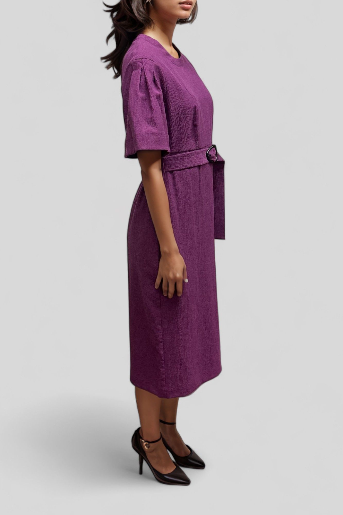 Veronika Maine - Crinkle Cotton Belted Midi Dress in Plum