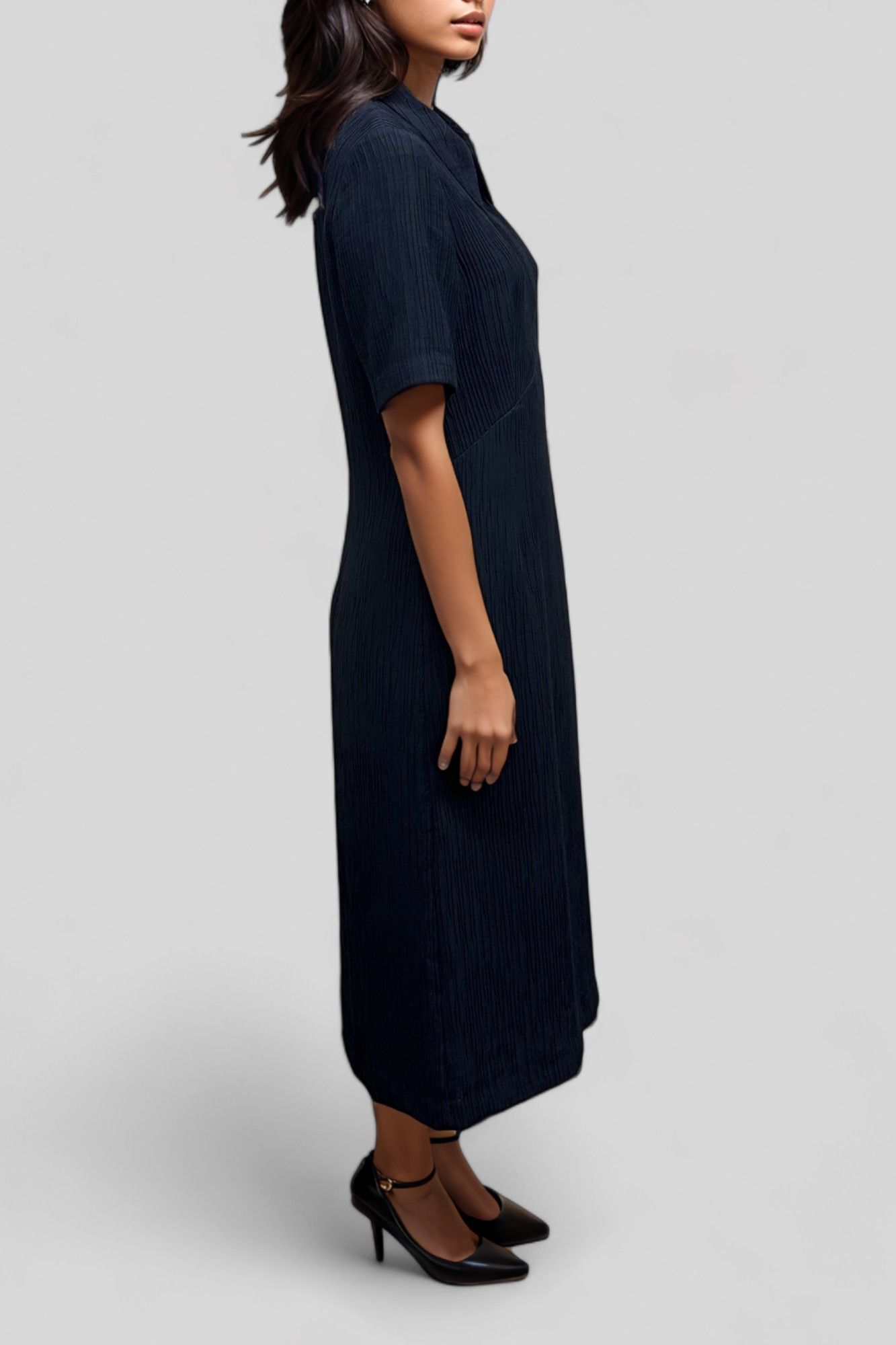Hire Crinkle Weave Midi Dress in Ink Veronika Maine GlamCorner