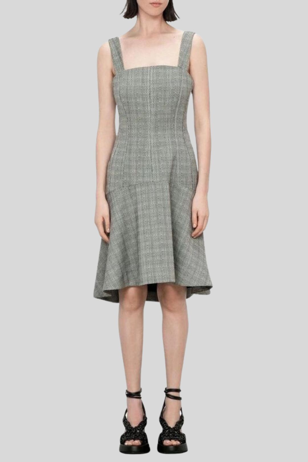 Veronika Maine Graphic Tweed Apron Square Neck Dress in Grey