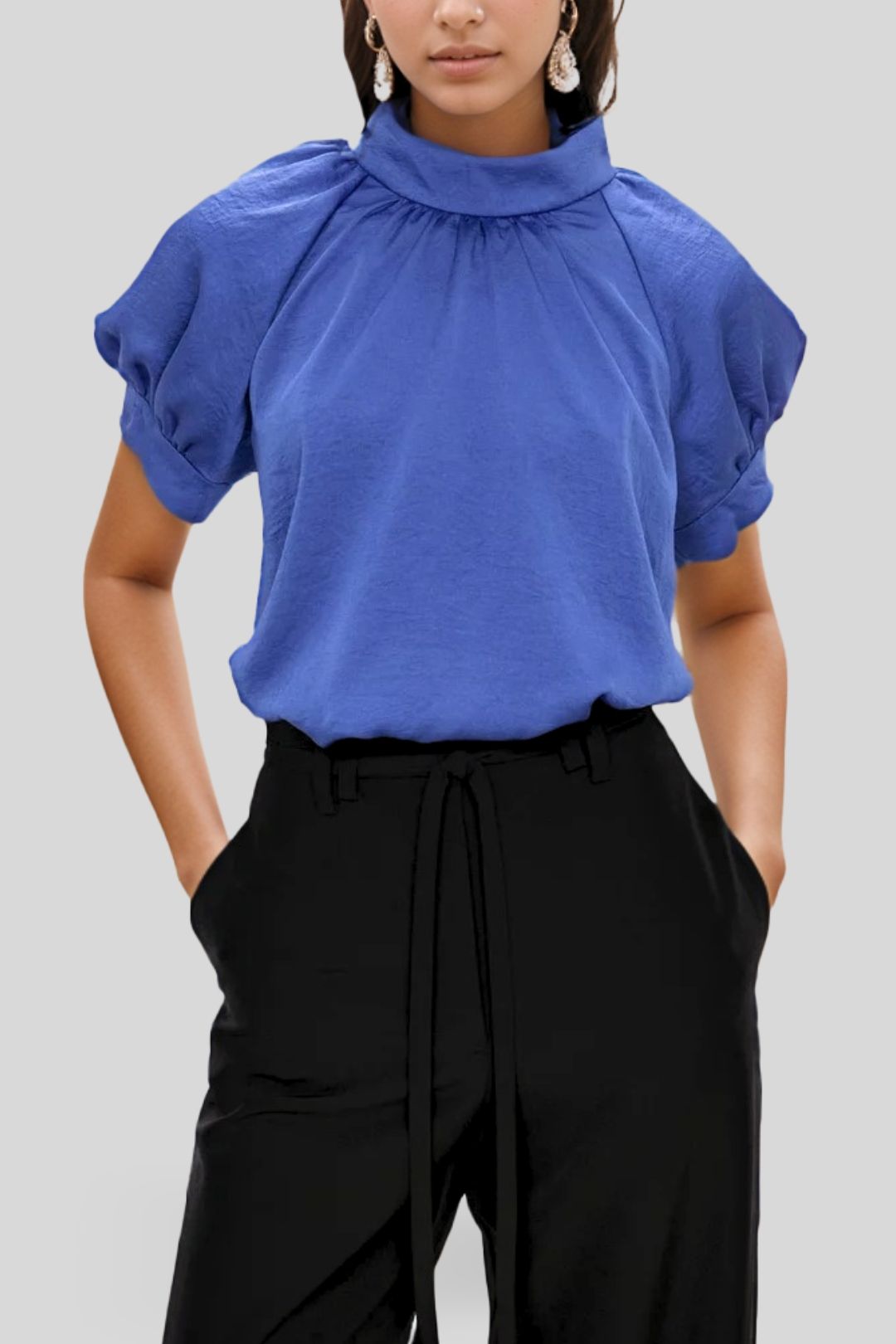 Hire Marble Satin Puff Sleeve Top Iris Blue Veronika Maine GlamCorner