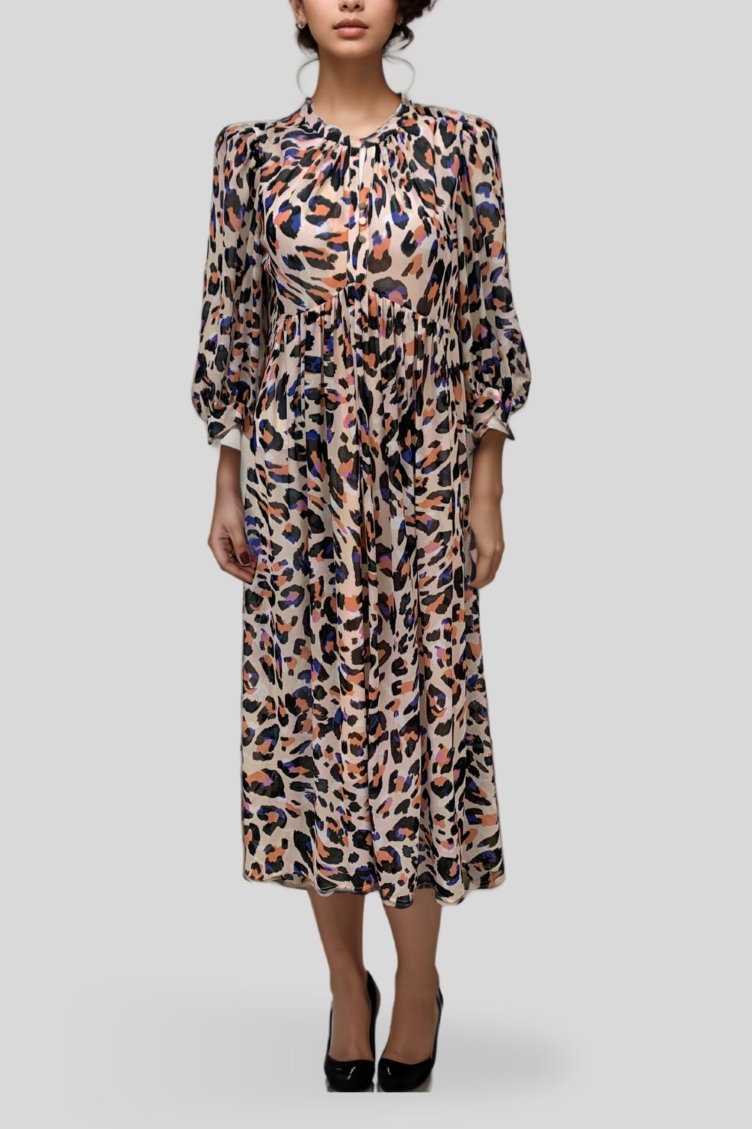 Hire Round Neck Midi Dress in Leopard Print Veronika Maine GlamCorner