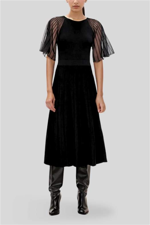 Hire Sheer Sleeve Pleated Knit Dress in Black | Veronika Maine 