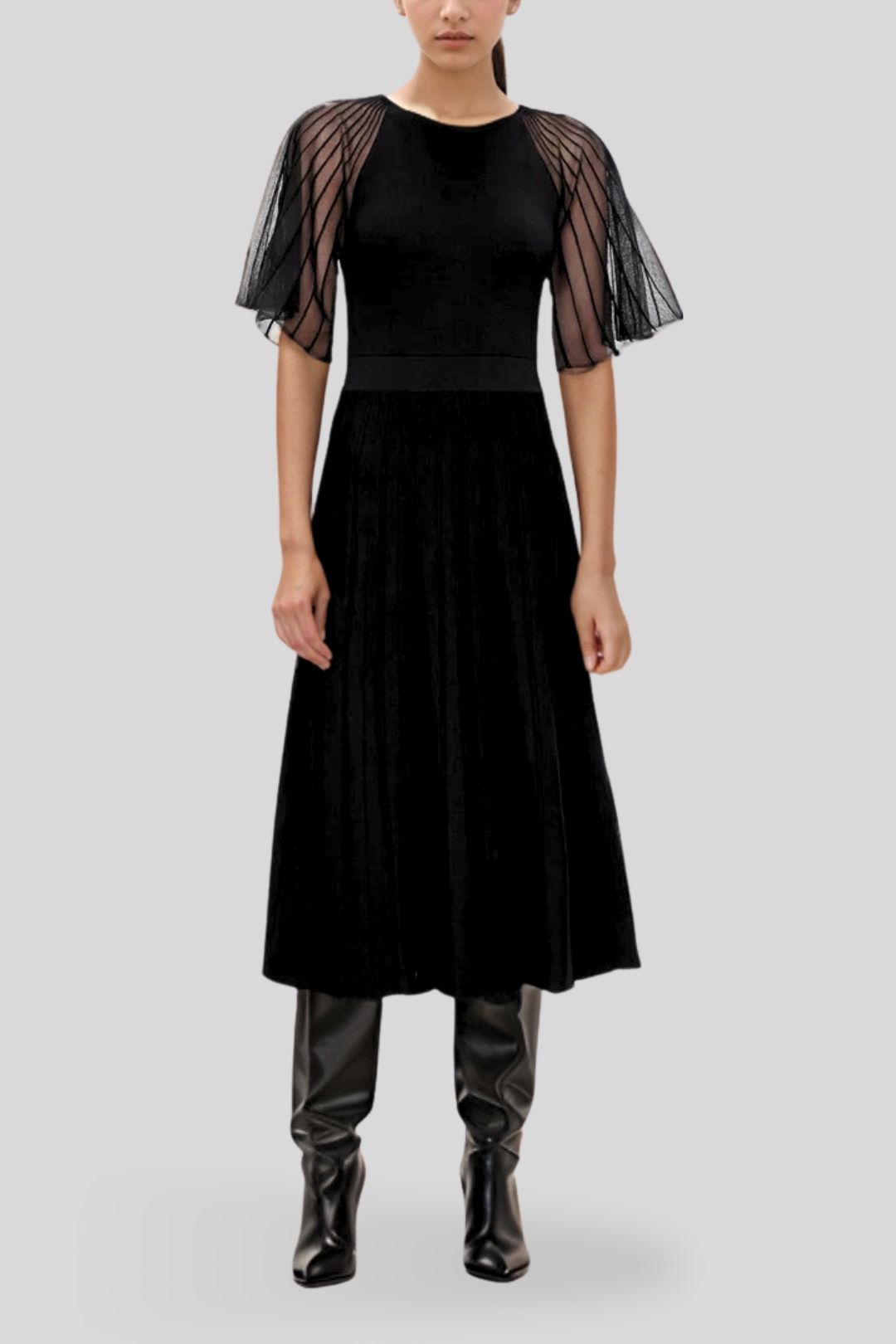 Veronika Maine Sheer Sleeve Pleated Knit Dress in Black
