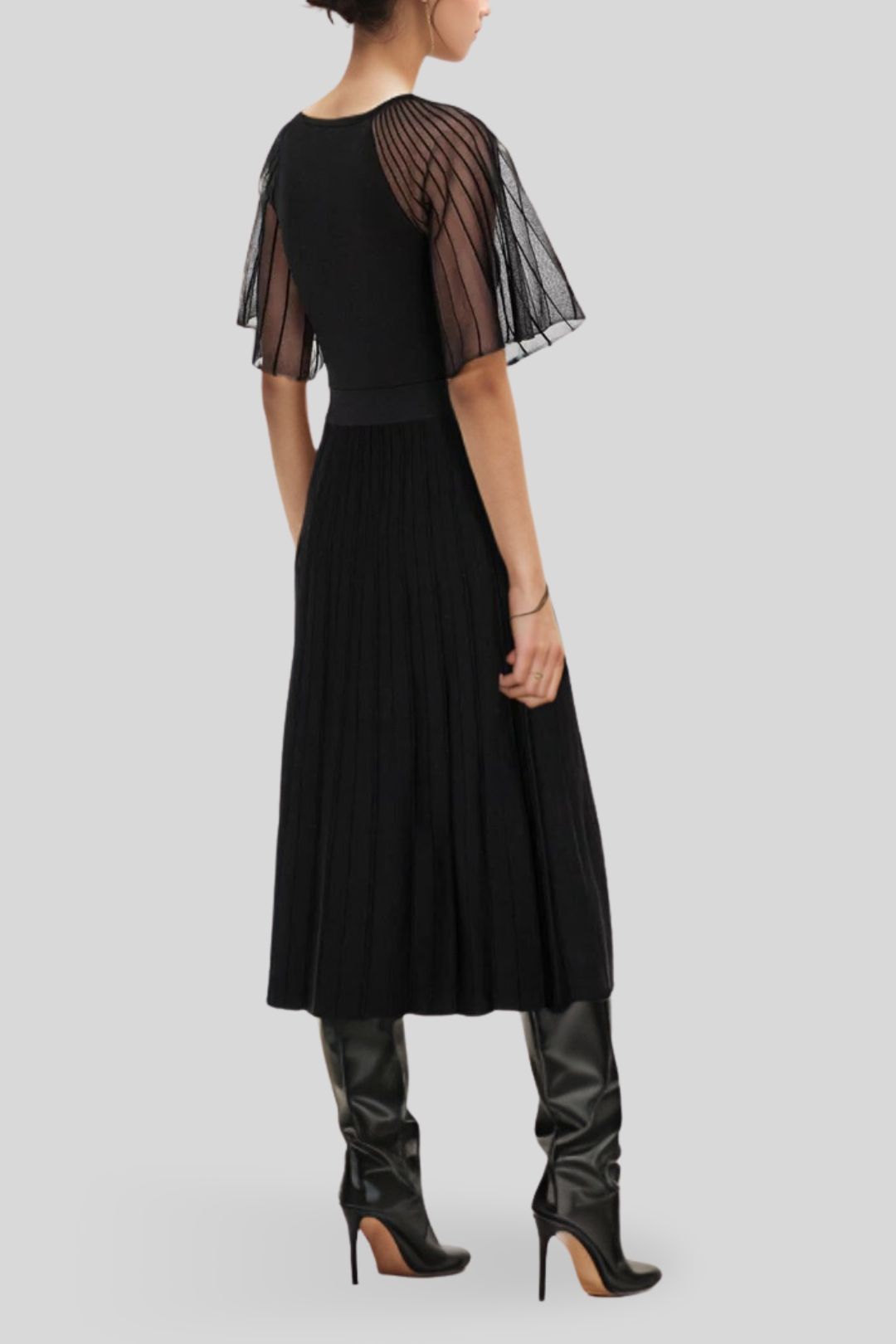 Hire Sheer Sleeve Pleated Knit Dress in Black Veronika Maine GlamCorner