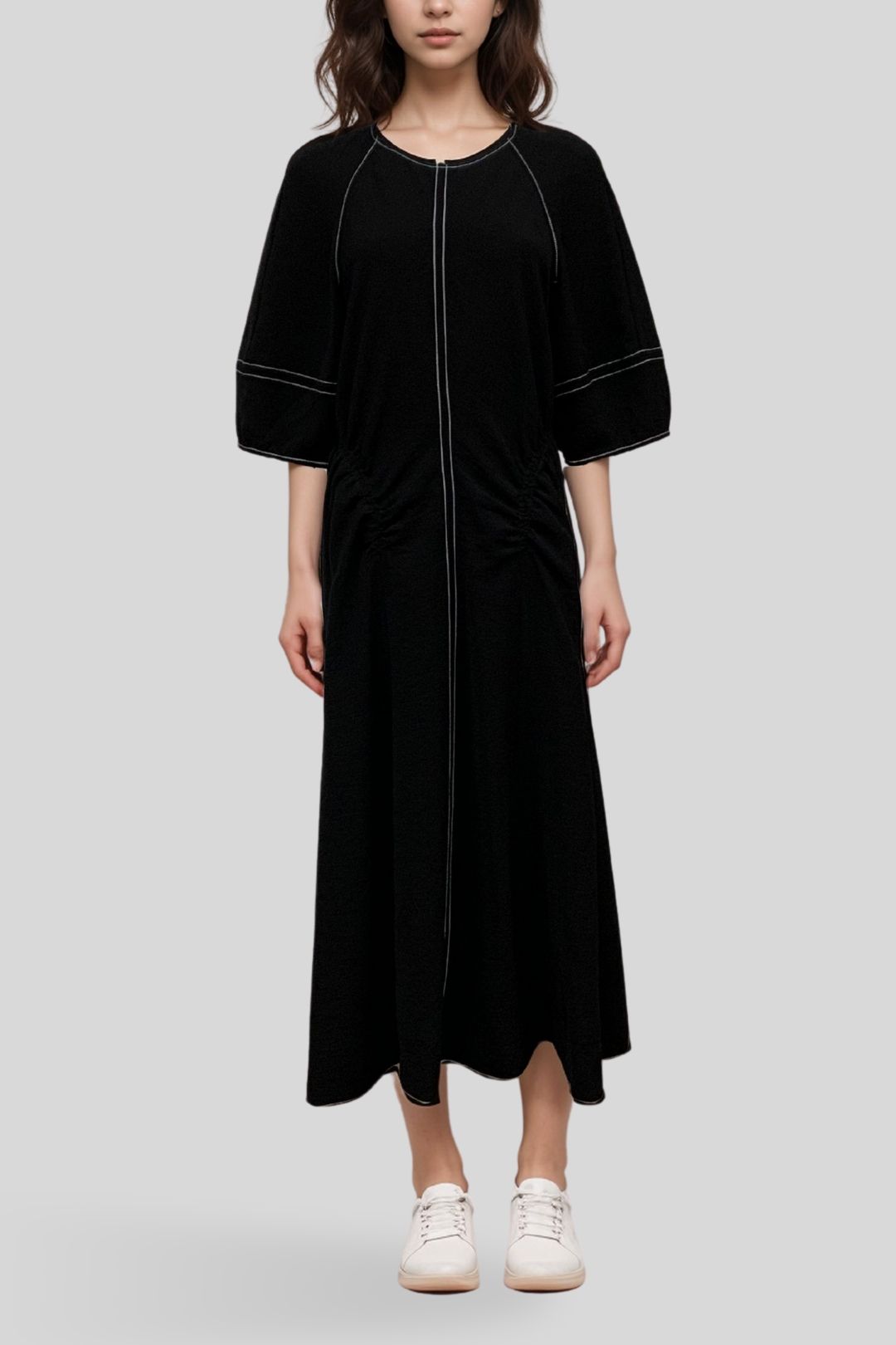 Veronika Maine Washed Crepe Gathered Midi Dress in Black