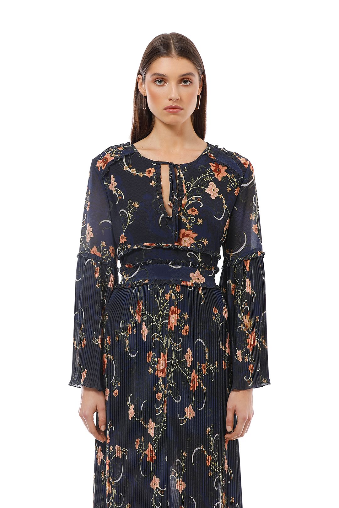 We Are Kindred - Adele Pleated Maxi Dress - Navy Floral - Close Up