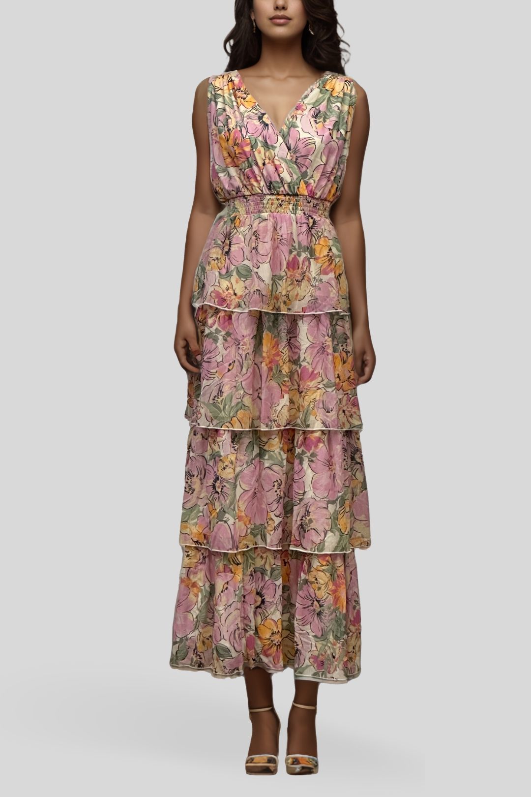 YAS Floral Tiered Maxi Dress in Pink