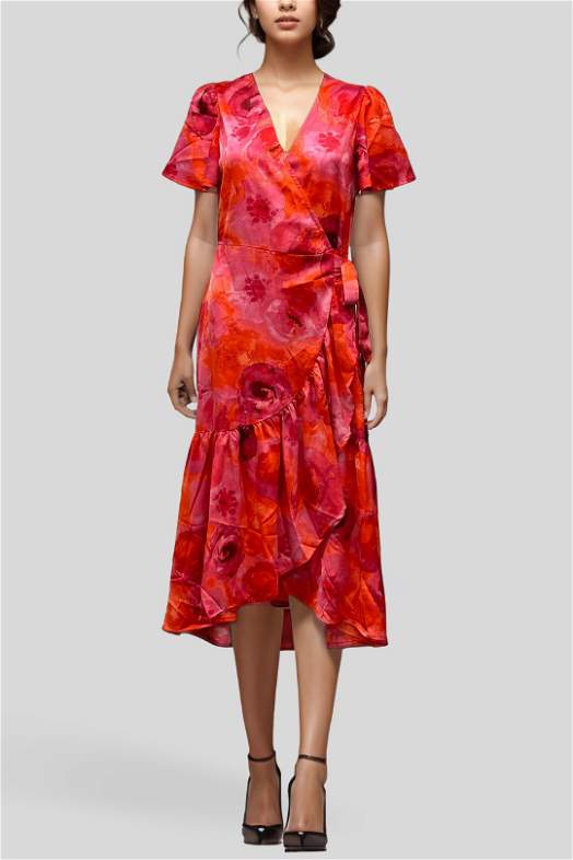 strapless open back dress THE SHARON FLUTTER SLEEVEMAXI WRAP DRESS (RED) | Love Cherish main image 0
