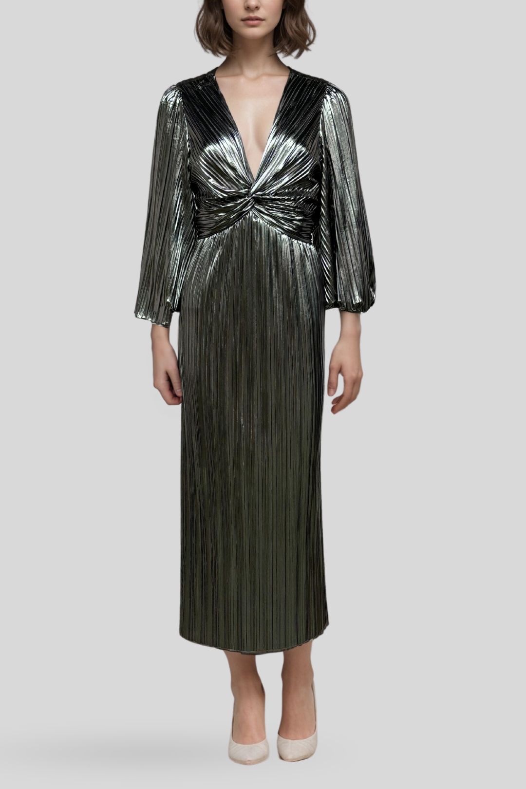 Metallic Silver Plisse Long Dress Midi