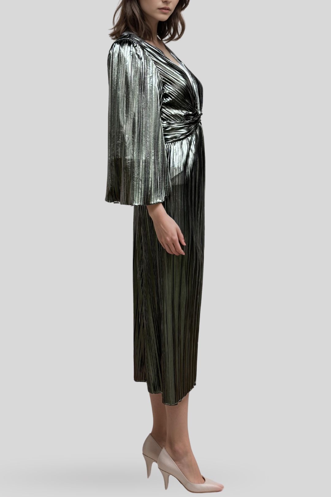 Metallic Silver Plisse Long Dress