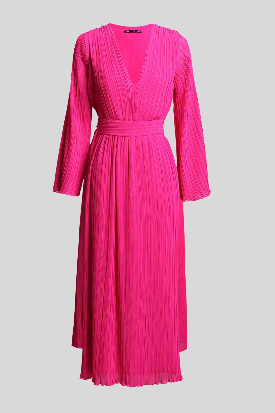 ZARA Fuschia Pink LS Pleated Midi Dress