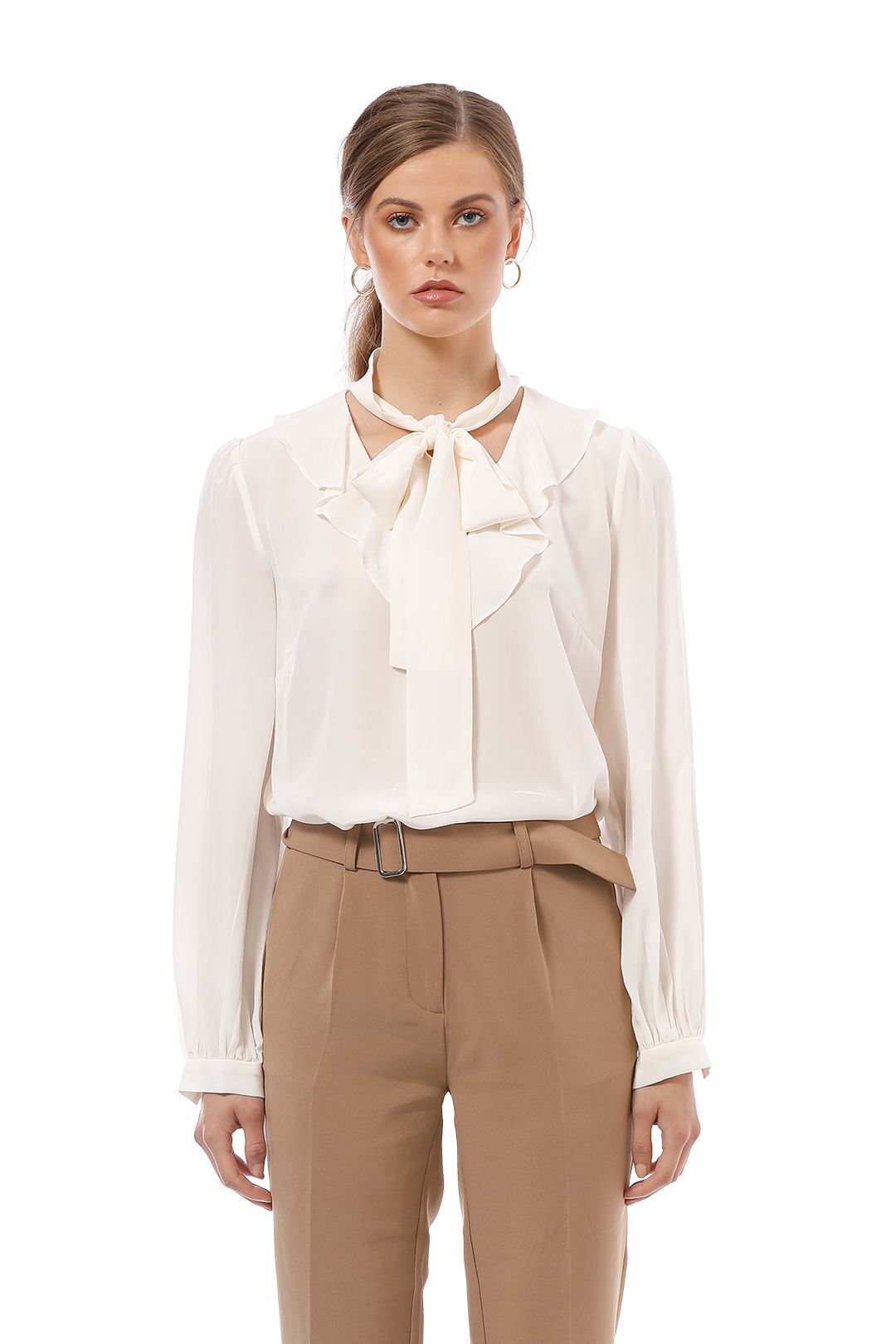 White Flounce Sleeve Blouse with Tie Neck