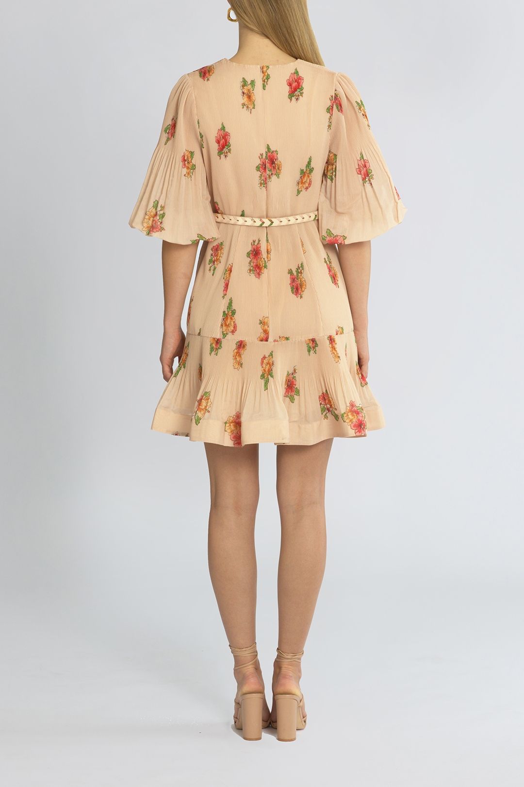 Zimmermann Pleated Mini Dress Blush Floral Belted Waist