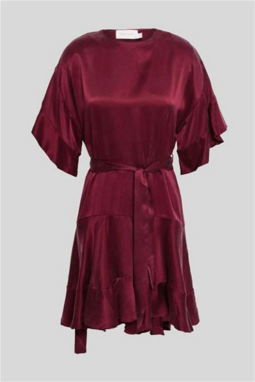 Buy Burgundy Sueded Flounce Silk Dress | Zimmermann
